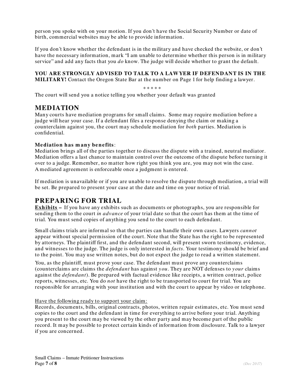 Small Claims Instructions for Inmate Plaintiffs - Oregon, Page 7