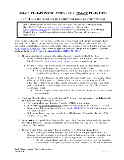 Small Claims Instructions for Inmate Plaintiffs - Oregon Download Pdf