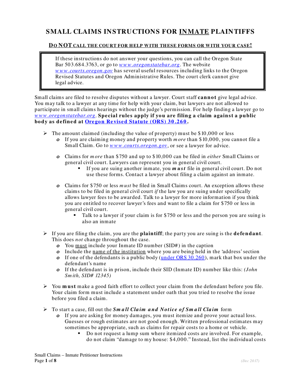 Oregon Small Claims Instructions For Inmate Plaintiffs Fill Out Sign