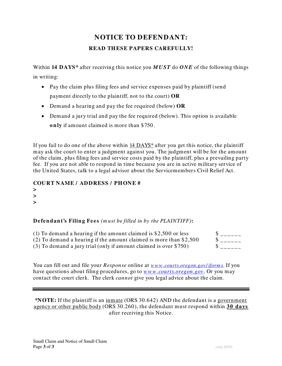 Small Claim and Notice of Small Claim - Oregon, Page 3