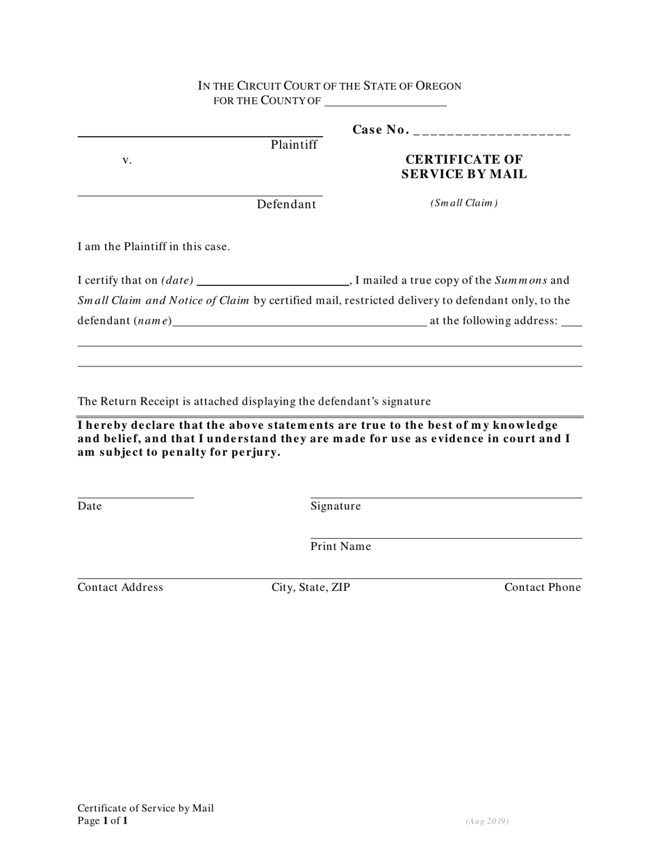 Certificate of Service by Mail (Small Claim) - Oregon, Page 1