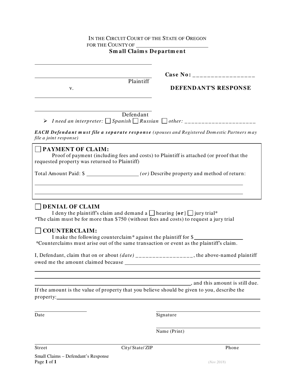 Oregon Defendant's Response - Small Claims - Fill Out, Sign Online and