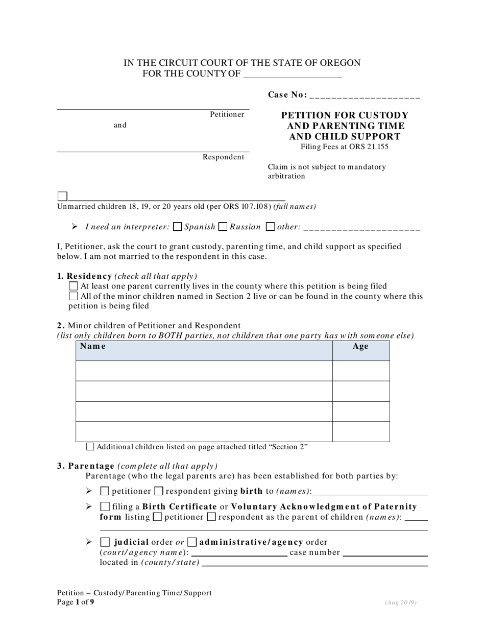 Petition for Custody and Parenting Time and Child Support - Oregon, Page 1