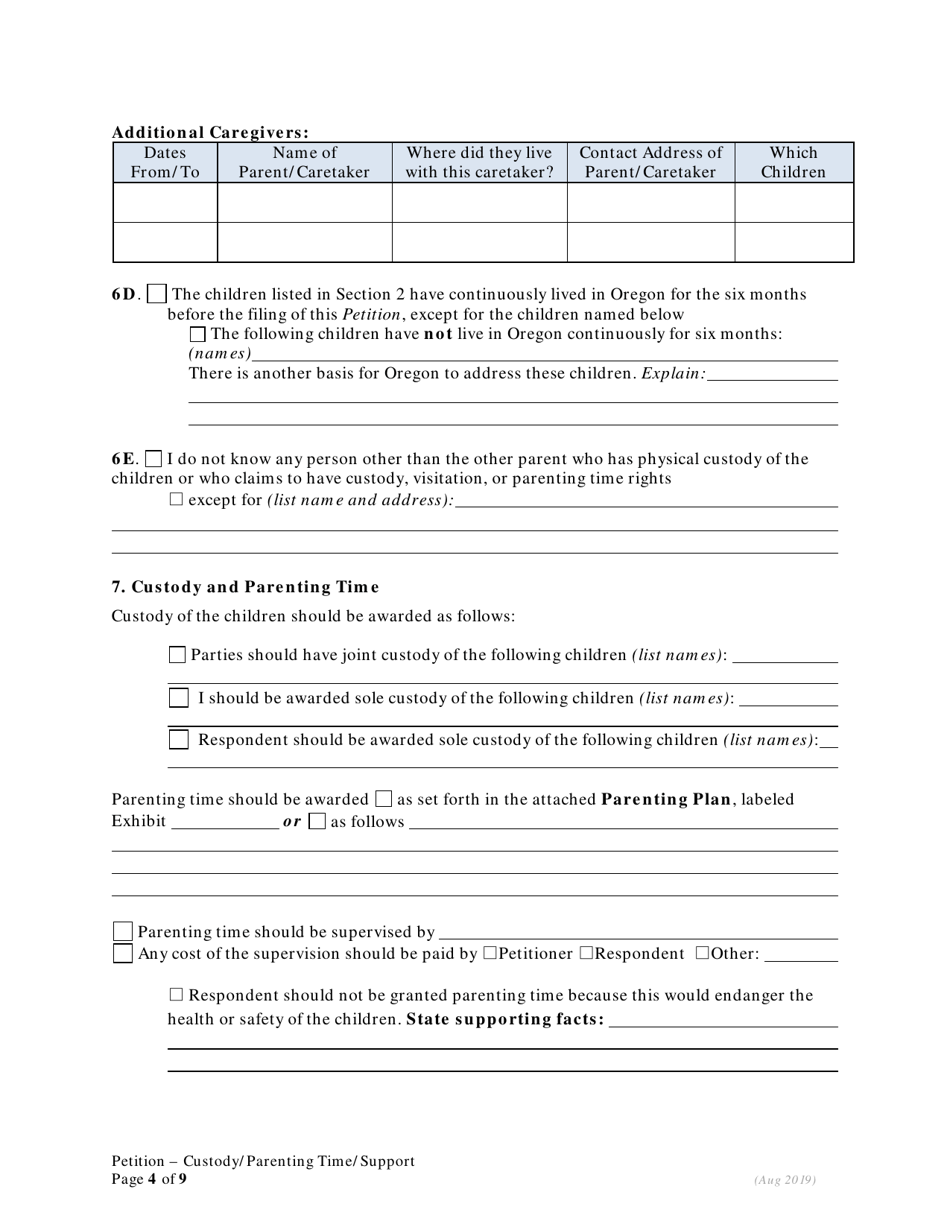 Petition for Custody and Parenting Time and Child Support - Oregon, Page 4