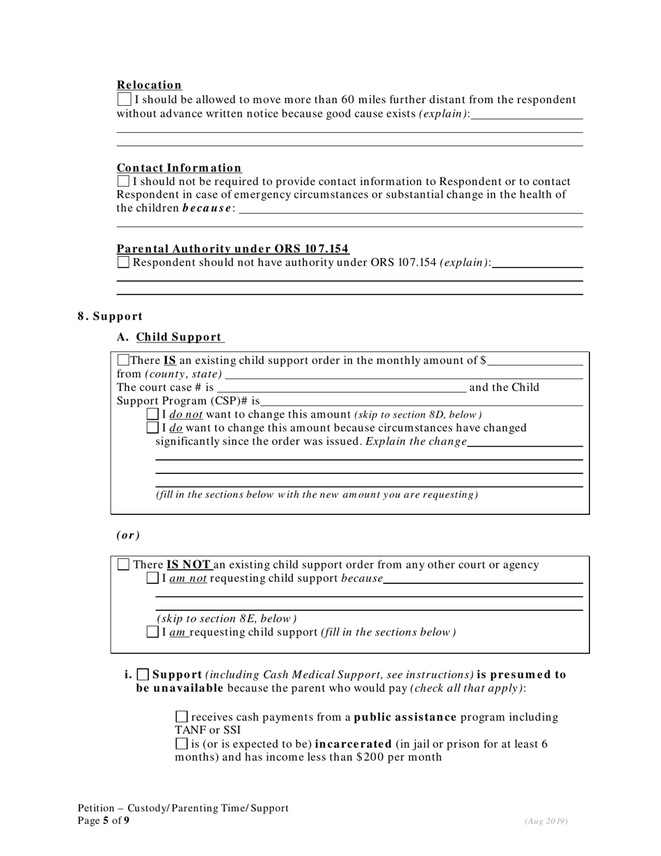Petition for Custody and Parenting Time and Child Support - Oregon, Page 5