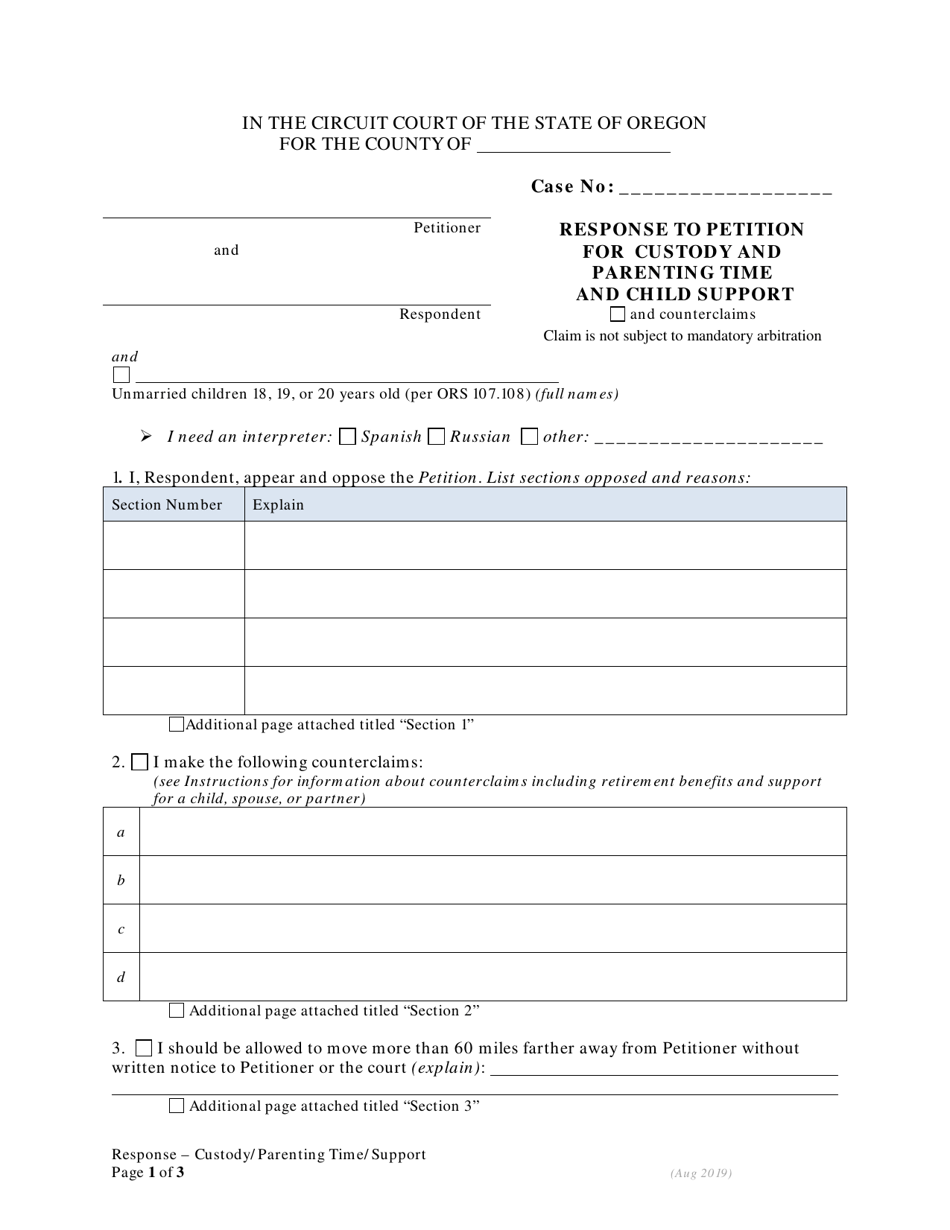 Response to Petition for Custody and Parenting Time and Child Support (With Children) - Oregon, Page 1
