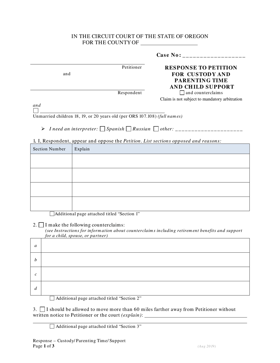 Oregon Response to Petition for Custody and Parenting Time and Child ...