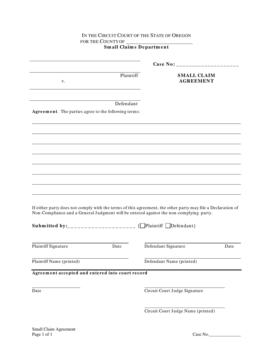 Small Claim Agreement - Oregon, Page 1
