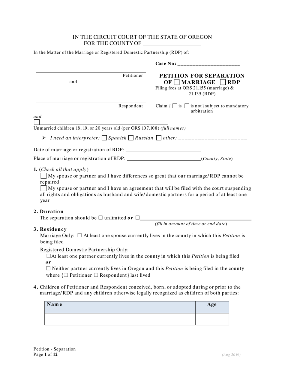Petition for Separation of Marriage / Rdp With Children - Oregon, Page 1
