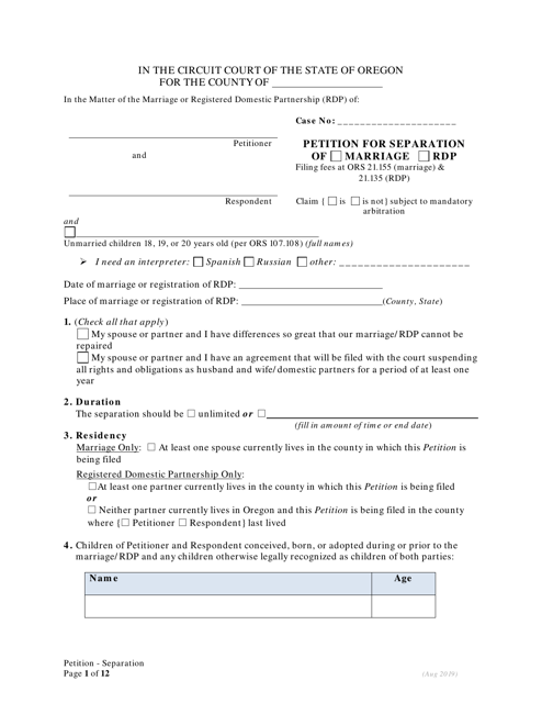 Petition for Separation of Marriage / Rdp With Children - Oregon Download Pdf