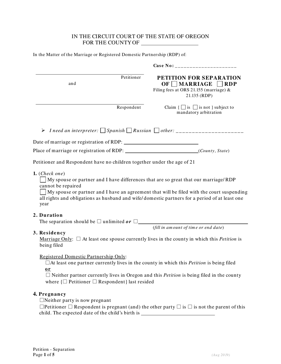 Petition for Separation of Marriage / Rdp Without Children - Oregon, Page 1