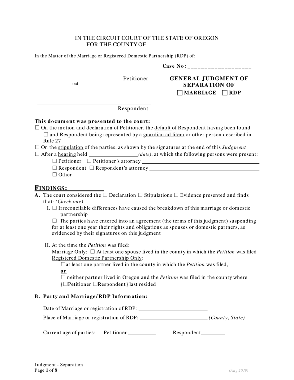 General Judgment of Separation Without Children - Oregon, Page 1