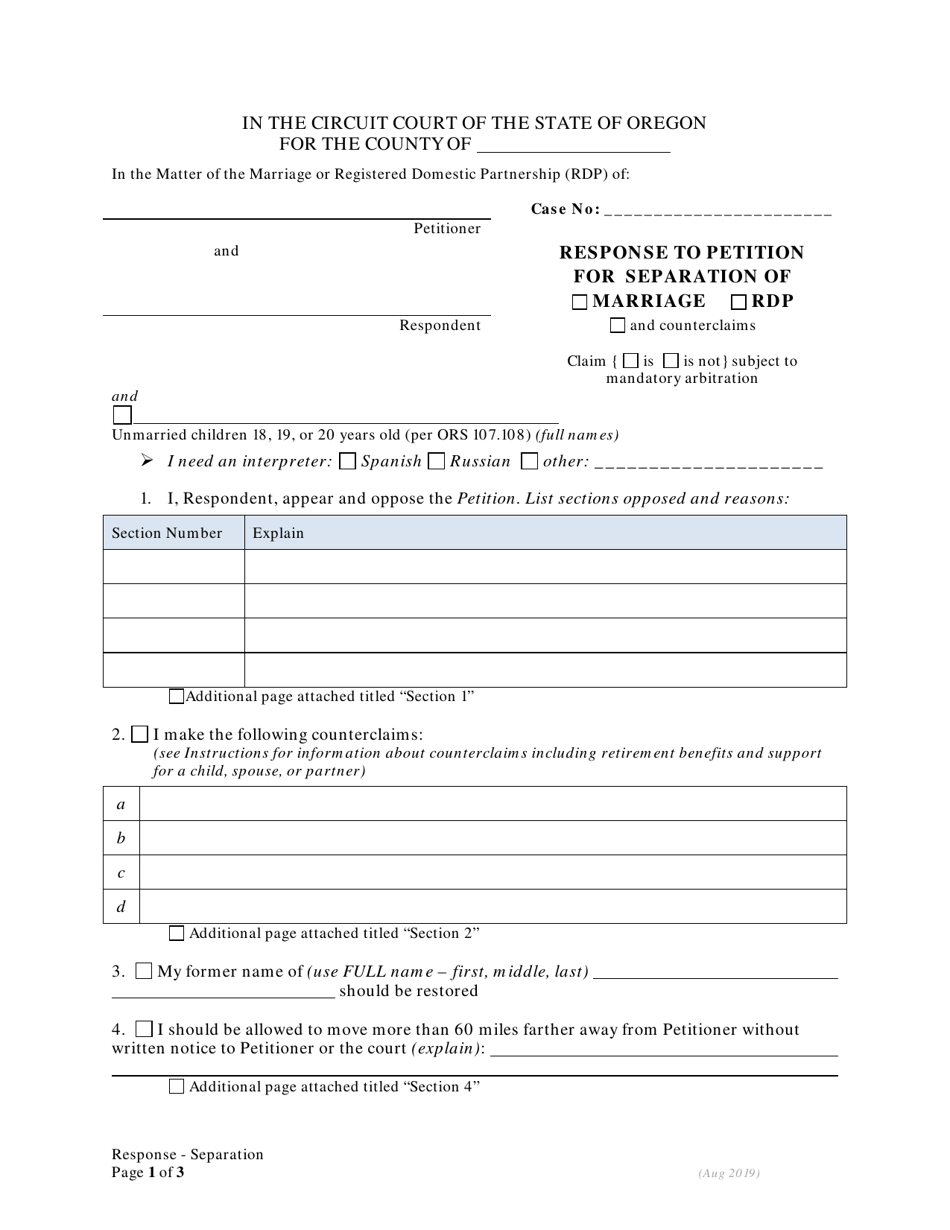 Response to Petition for Separation With Children - Oregon, Page 1