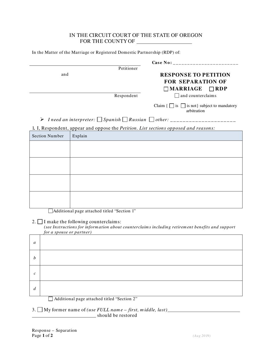 Response to Petition for Separation Without Children - Oregon, Page 1