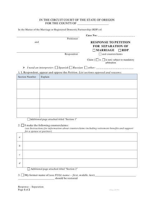 Response to Petition for Separation Without Children - Oregon Download Pdf