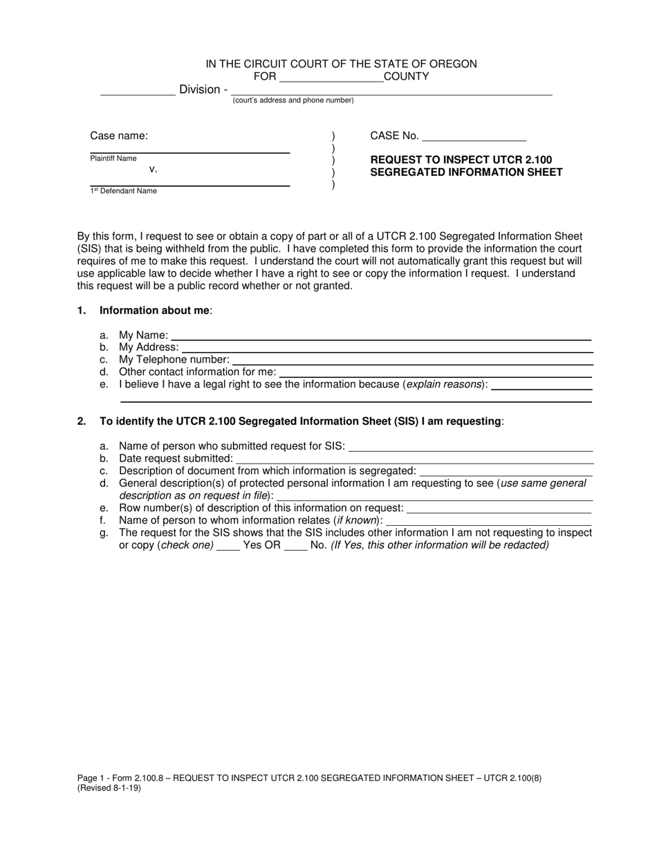 Form 2.100.8 Request to Inspect Utcr 2.100 Segregated Information Sheet - Oregon, Page 1