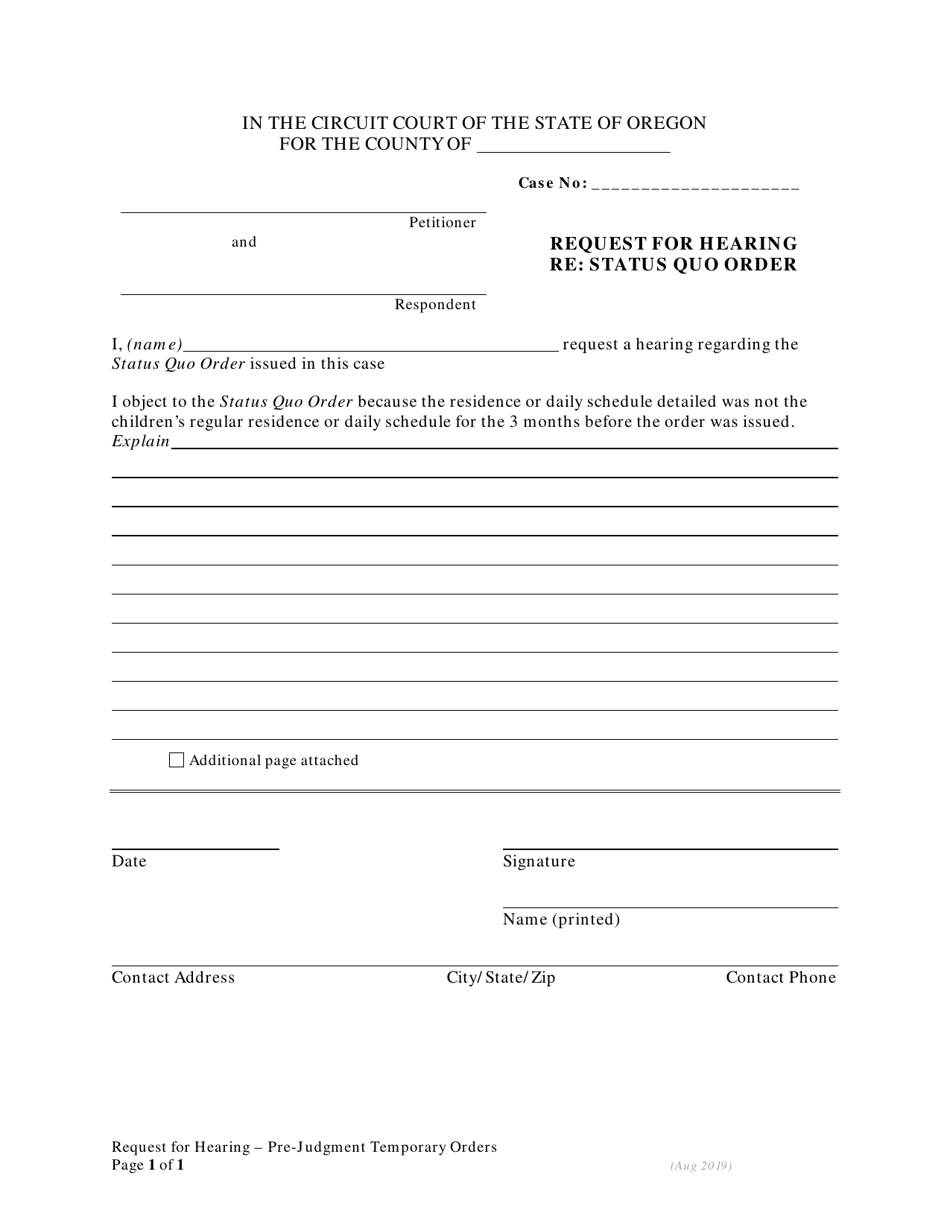 Status Quo Pre-judgment Hearing Request - Oregon, Page 1