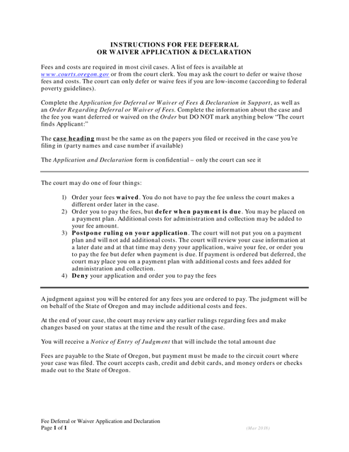 Instructions for Application for Deferral or Waiver of Fees & Declaration in Support - Oregon Download Pdf