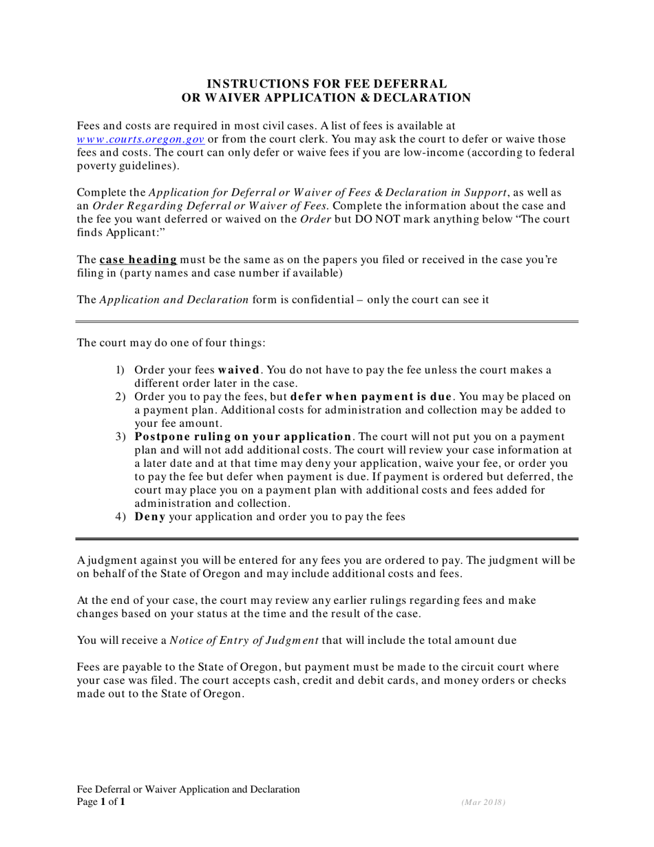 Instructions for Application for Deferral or Waiver of Fees  Declaration in Support - Oregon, Page 1