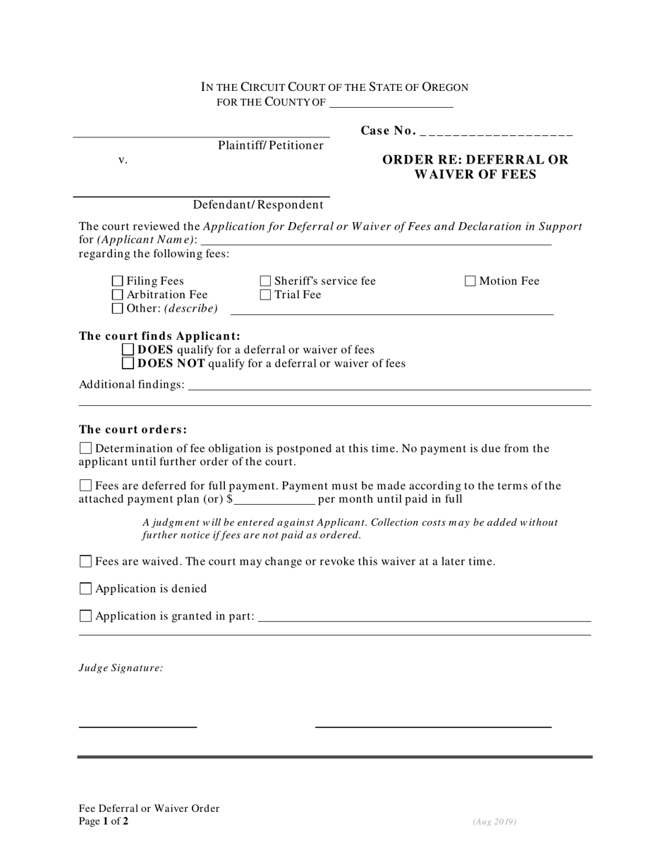 Oregon Order Regarding Deferral or Waiver of Fees - Fill Out, Sign ...