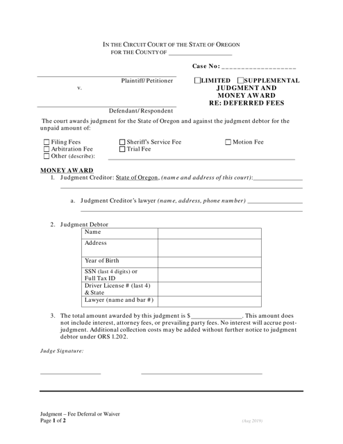 Limited or Supplemental Judgment and Money Award Re: Deferred Fees - Oregon Download Pdf
