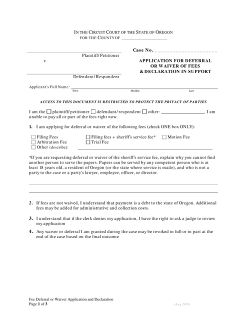 Application and Declaration for Deferral or Waiver of Fees - Oregon