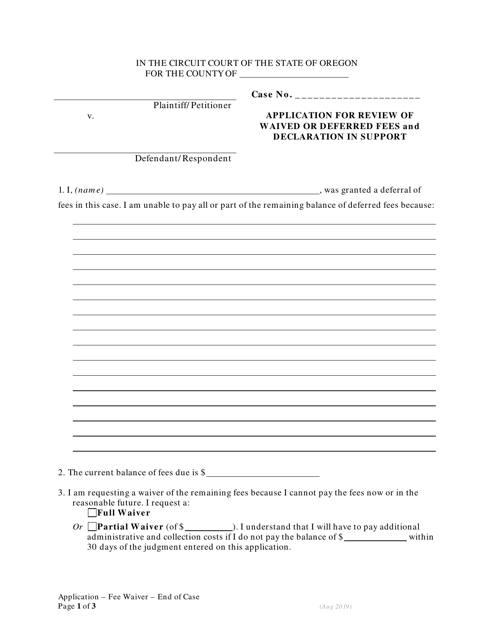 Application for Review of Waived or Deferred Fees and Declaration in Support - End of Case - Oregon Download Pdf