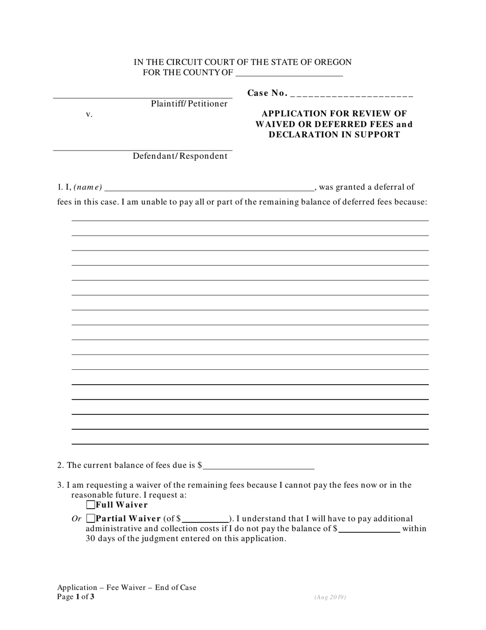 Application for Review of Waived or Deferred Fees and Declaration in Support - End of Case - Oregon, Page 1