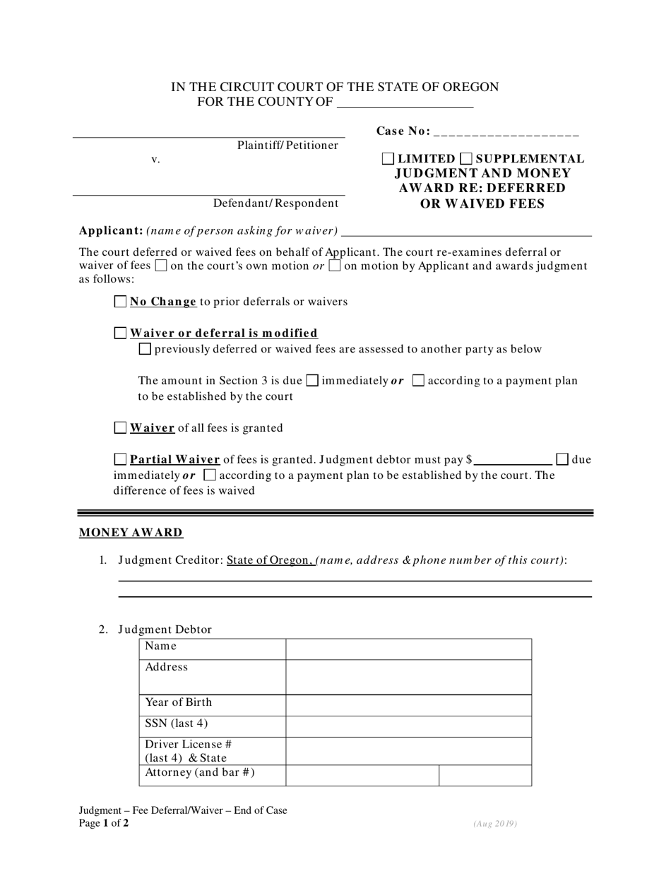 Limited or Supplemental Judgment and Money Award Re: Deferred or Waived Fees - End of Case - Oregon, Page 1