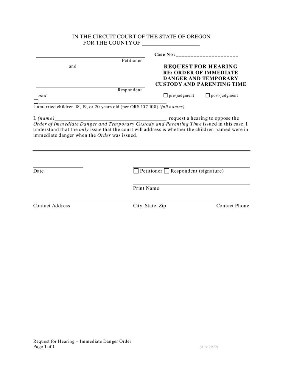 Request for Hearing - Immediate Danger Order - Oregon, Page 1