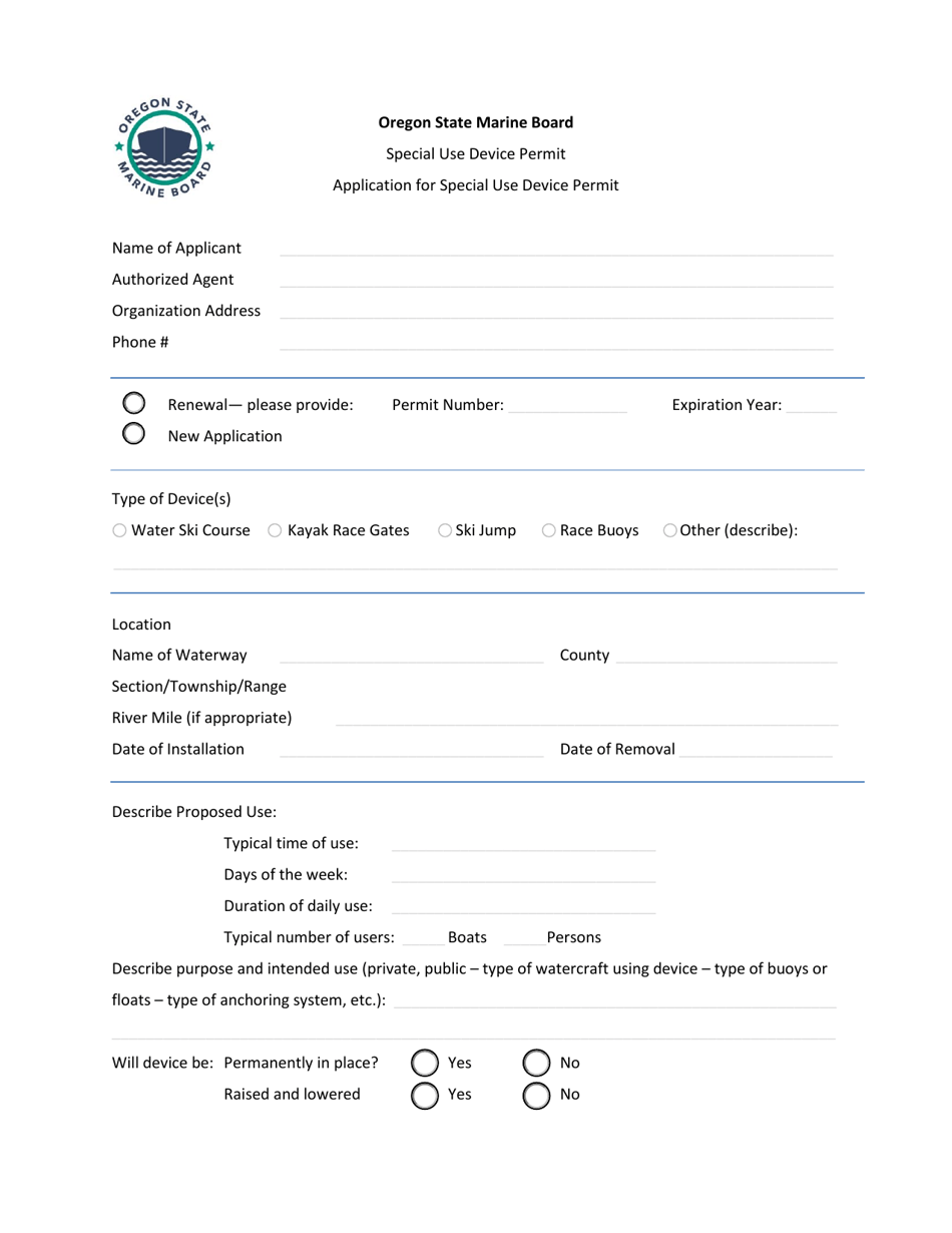 Application for Special Use Device Permit - Oregon, Page 1