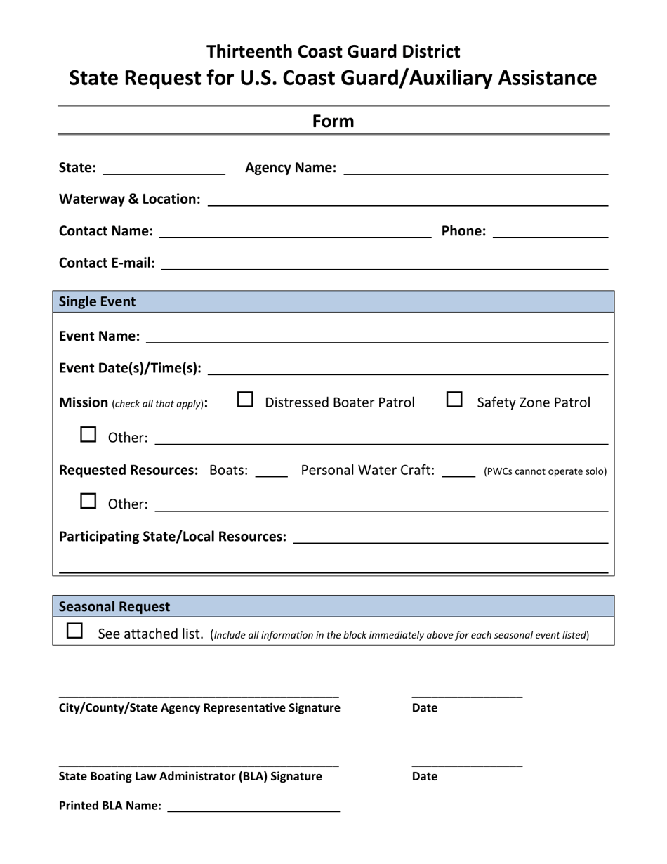 Oregon State Request for U.S. Coast Guard/Auxiliary Assistance Fill