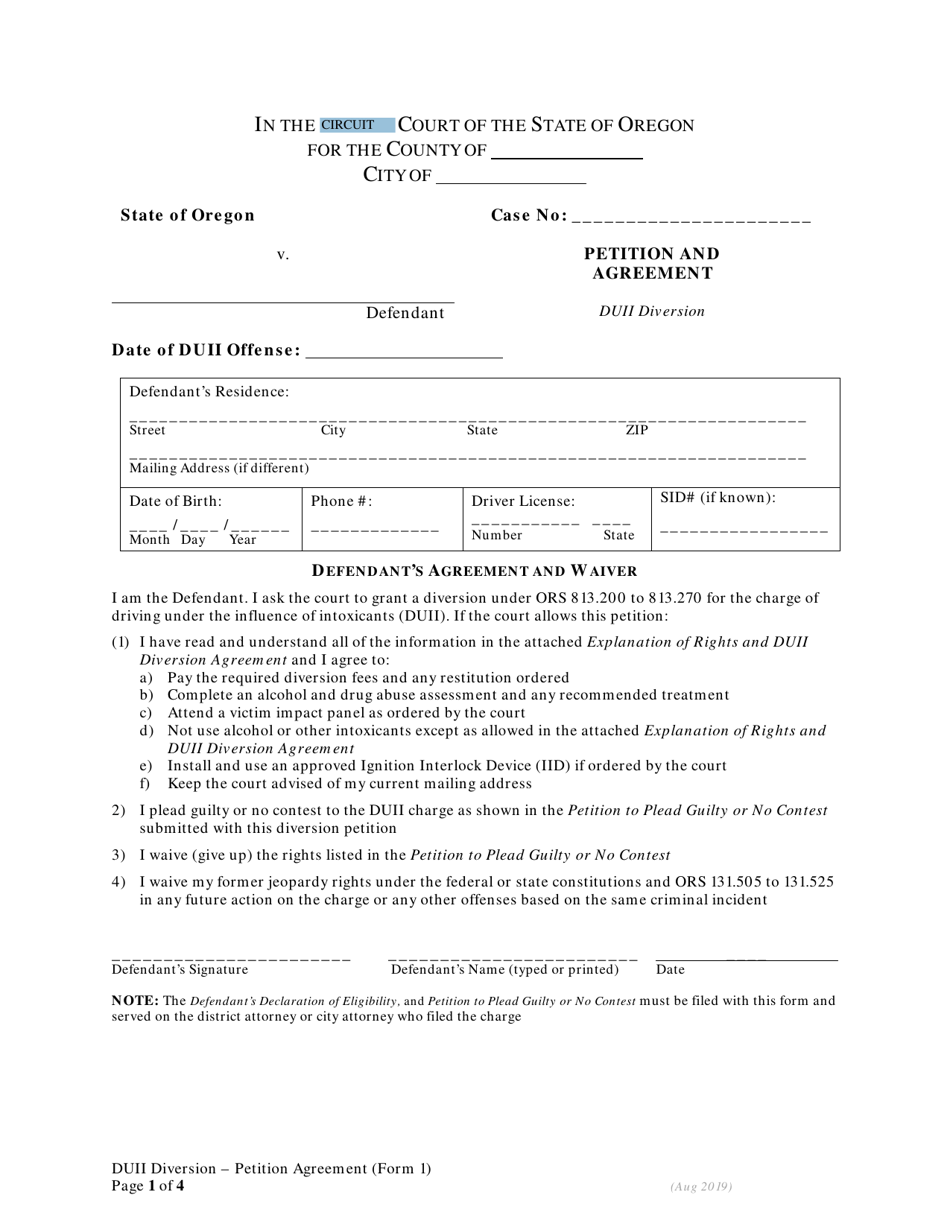 DUII Diversion Form 1 Petition and Agreement - Oregon, Page 1