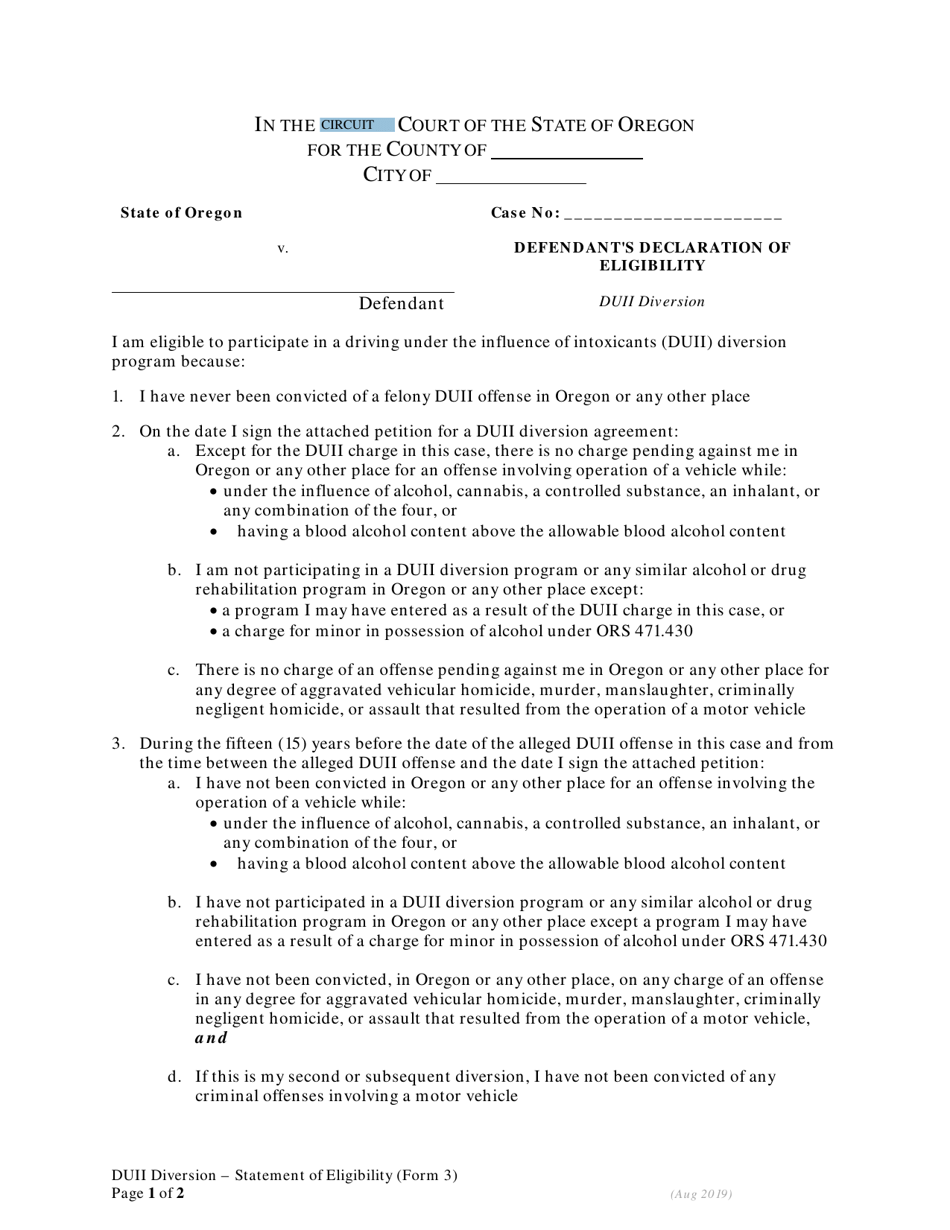 DUII Diversion Form 3 Defendants Declaration of Eligibility - Oregon, Page 1
