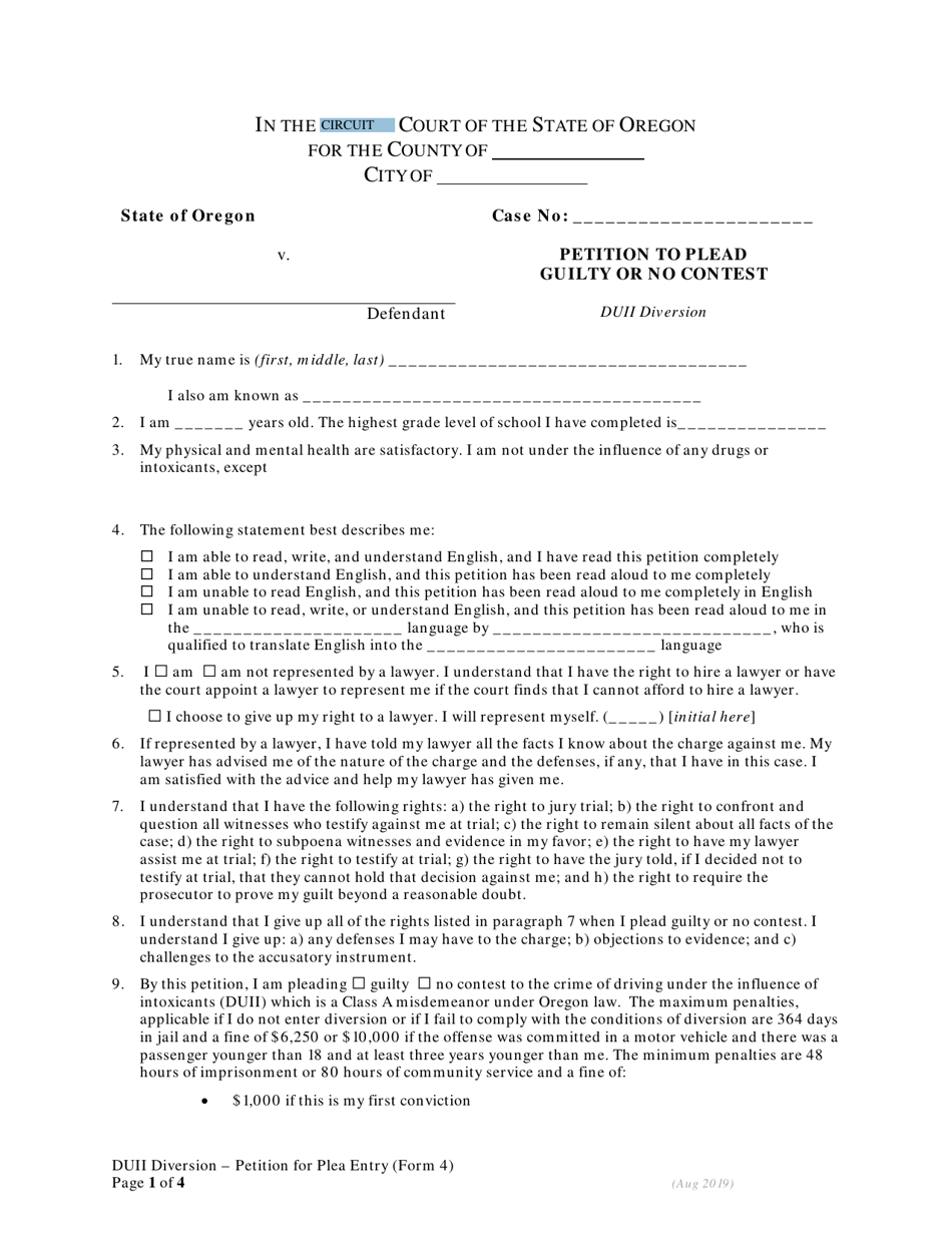 DUII Diversion Form 4 Petition to Plead Guilty or No Contest - Oregon, Page 1