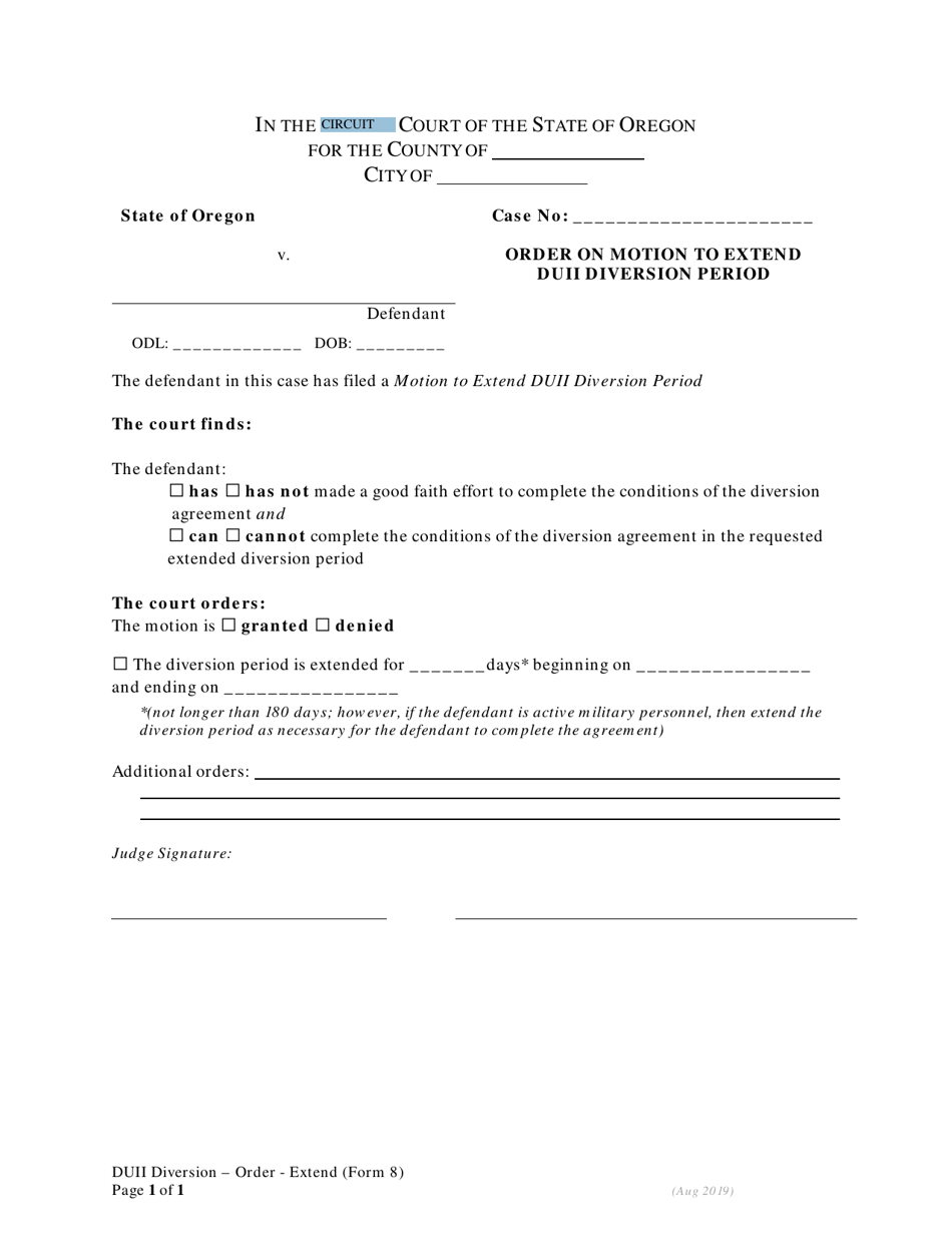 DUII Diversion Form 8 Order on Motion to Extend Duii Diversion Period - Oregon, Page 1