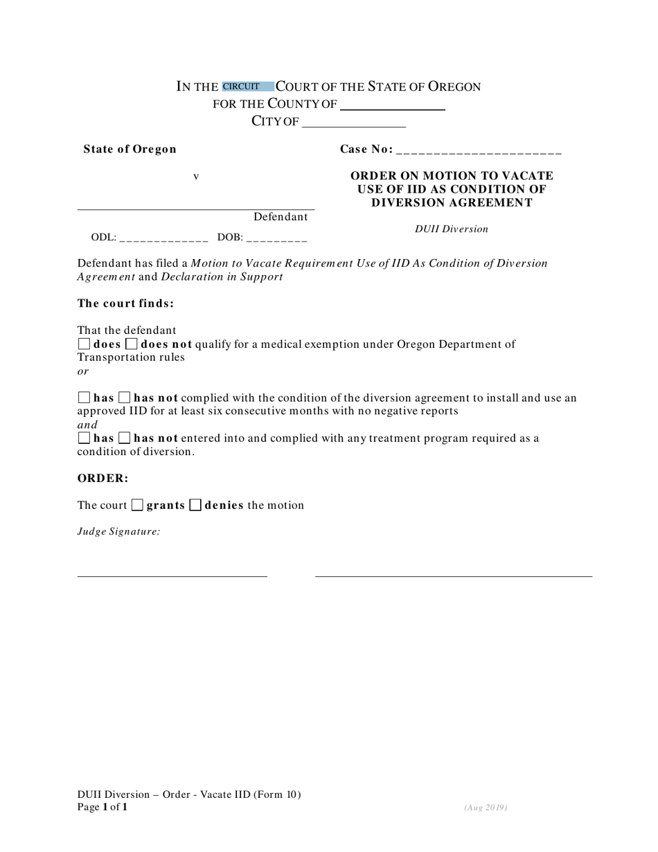 DUII Diversion Form 10 Order on Motion to Vacate Use of Iid as Condition of Diversion Agreement - Oregon, Page 1