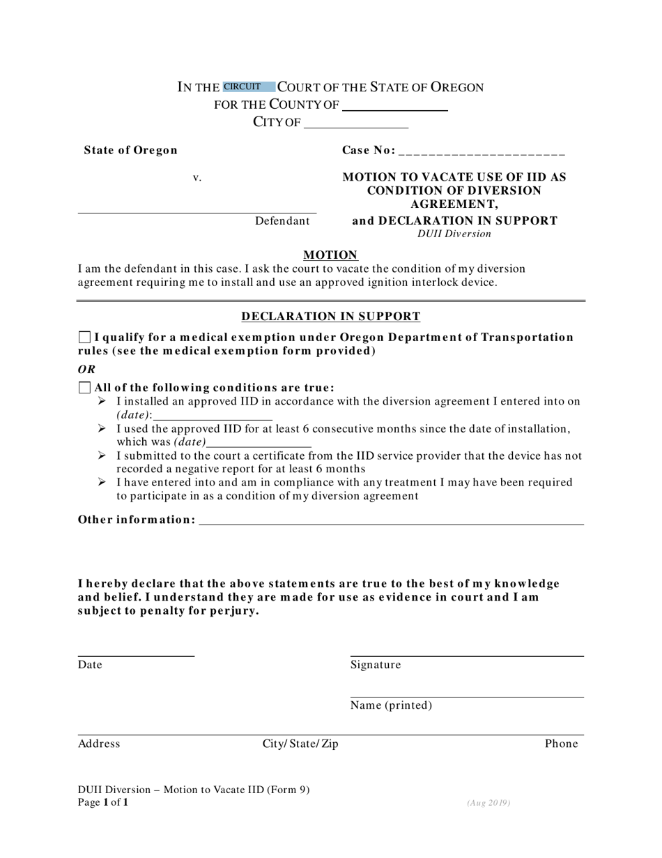 DUII Diversion Form 9 Motion to Vacate Use of Iid as Condition of Diversion Agreement, and Declaration in Support - Oregon, Page 1