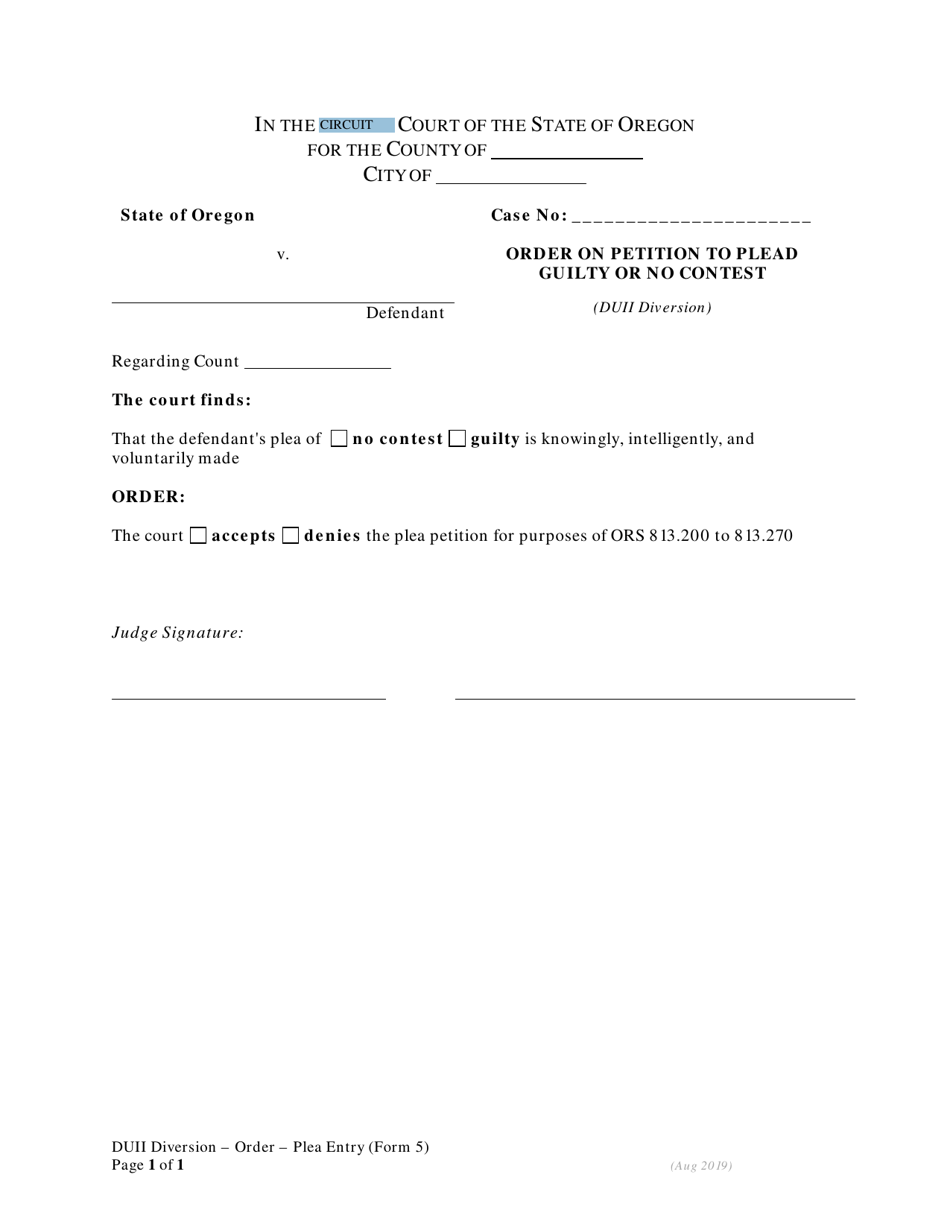 DUII Diversion Form 5 Order on Petition to Plead Guilty or No Contest - Oregon, Page 1
