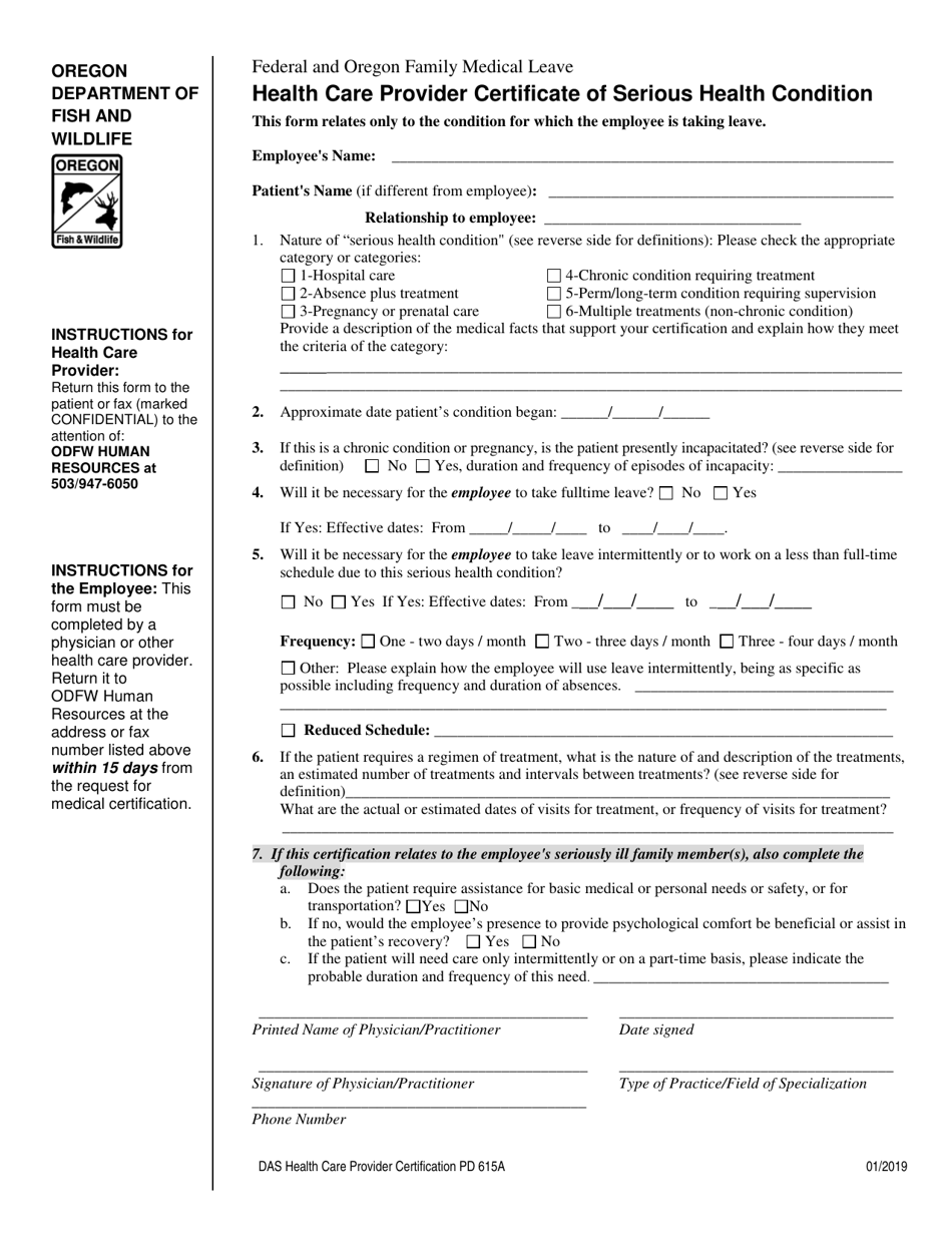 Form PD615A Health Care Provider Certificate of Serious Health Condition - Oregon, Page 1