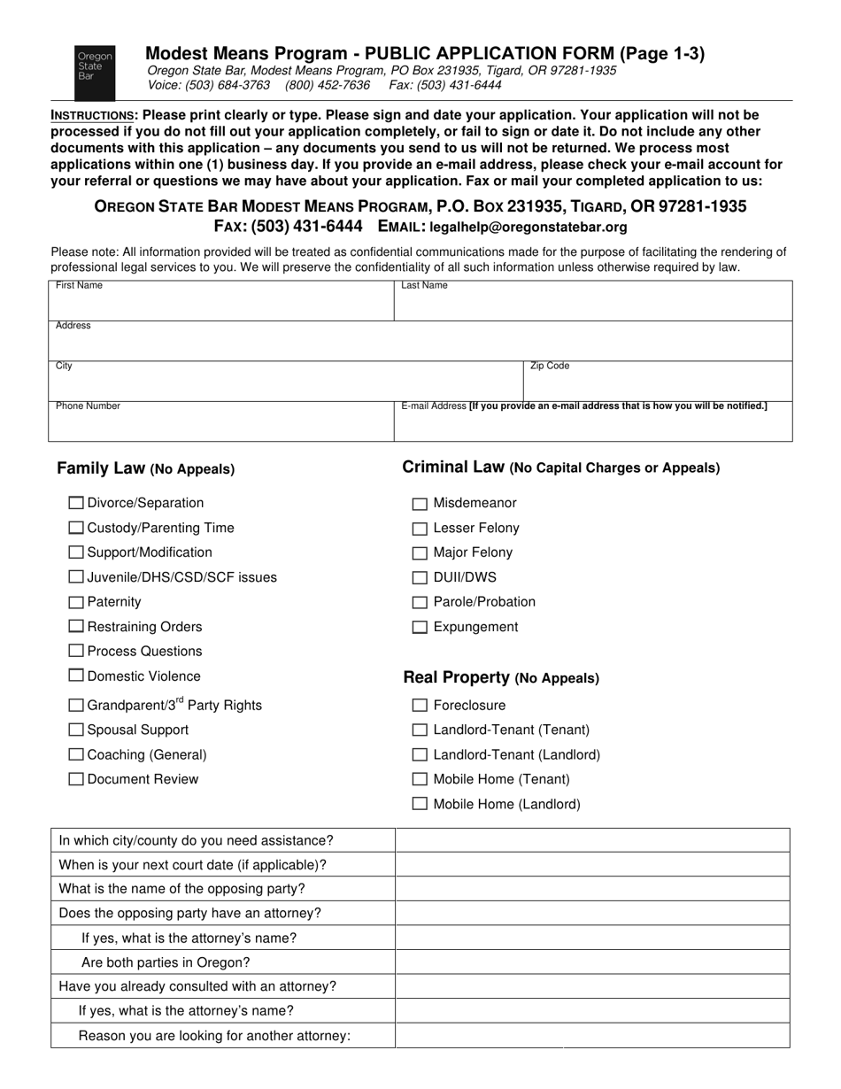 Modest Means Program Public Application Form - Oregon, Page 3