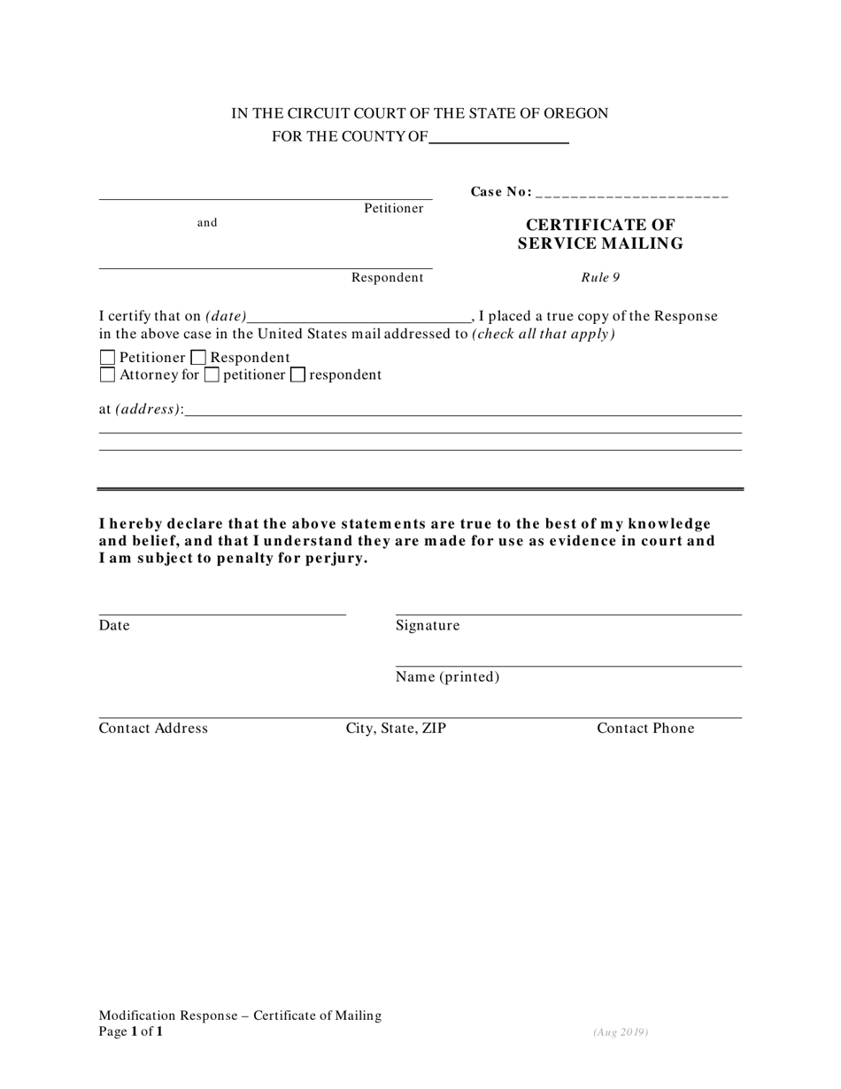 Certificate of Service Mailing - Modification Response - Oregon, Page 1