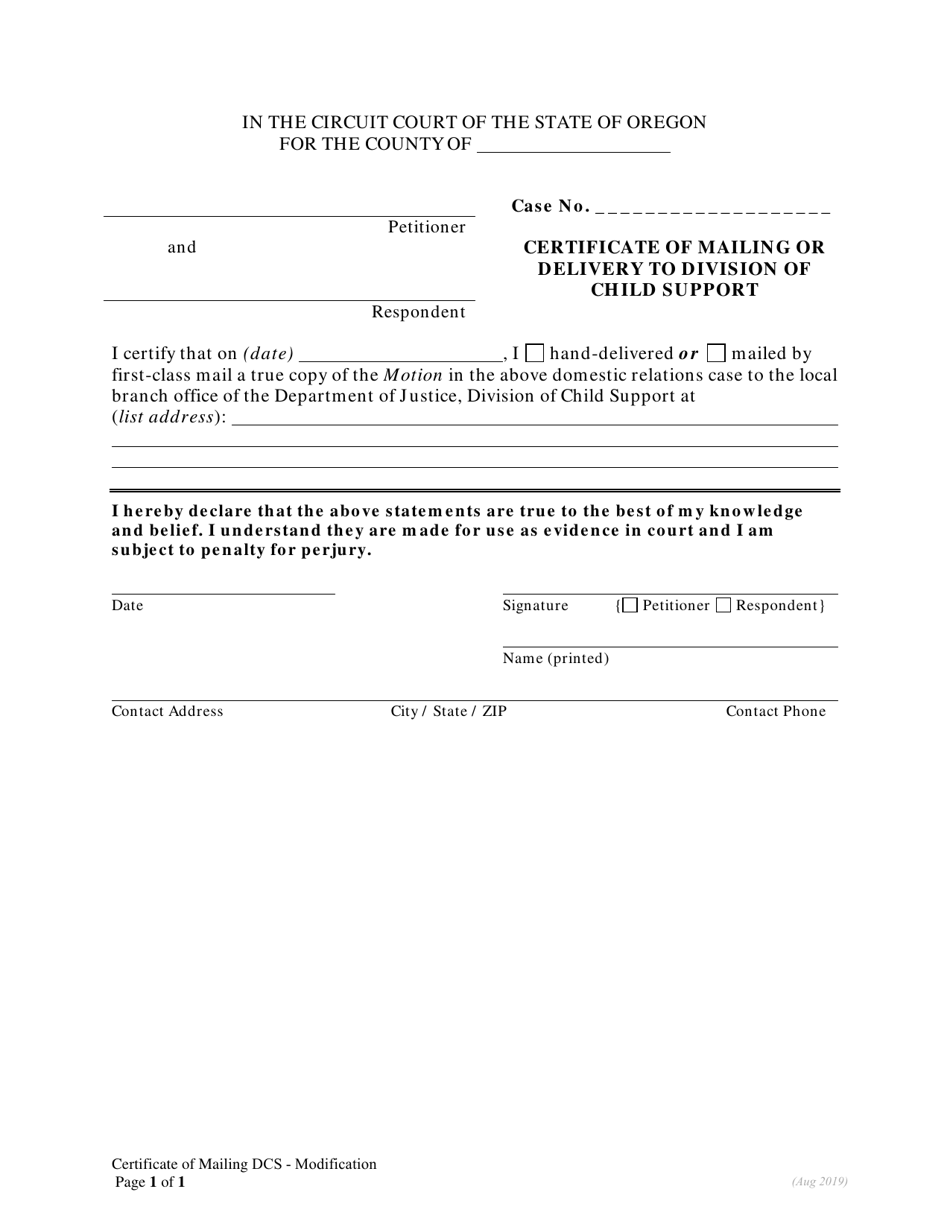 Certificate of Mailing to Division of Child Support Modification Motion - Oregon, Page 1