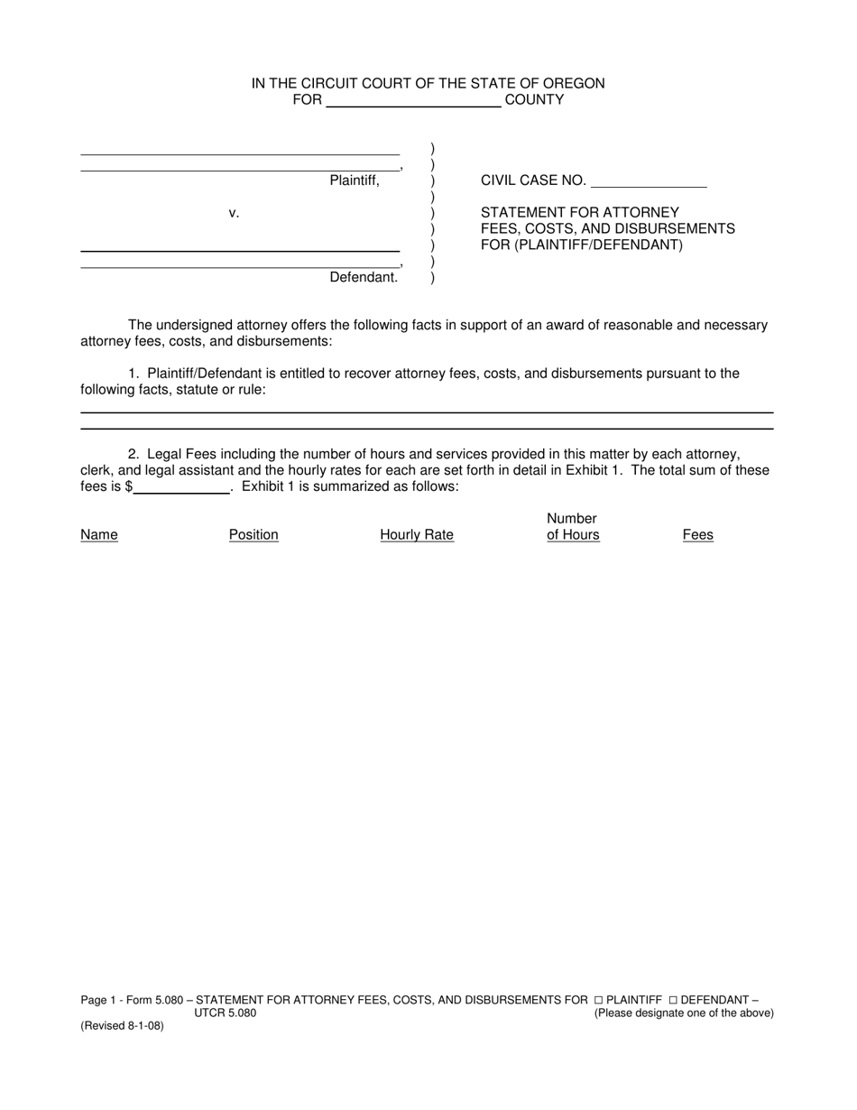 Form 5.080 Statement for Attorney Fees, Costs, and Disbursements for Plaintiff / Defendant - Oregon, Page 1