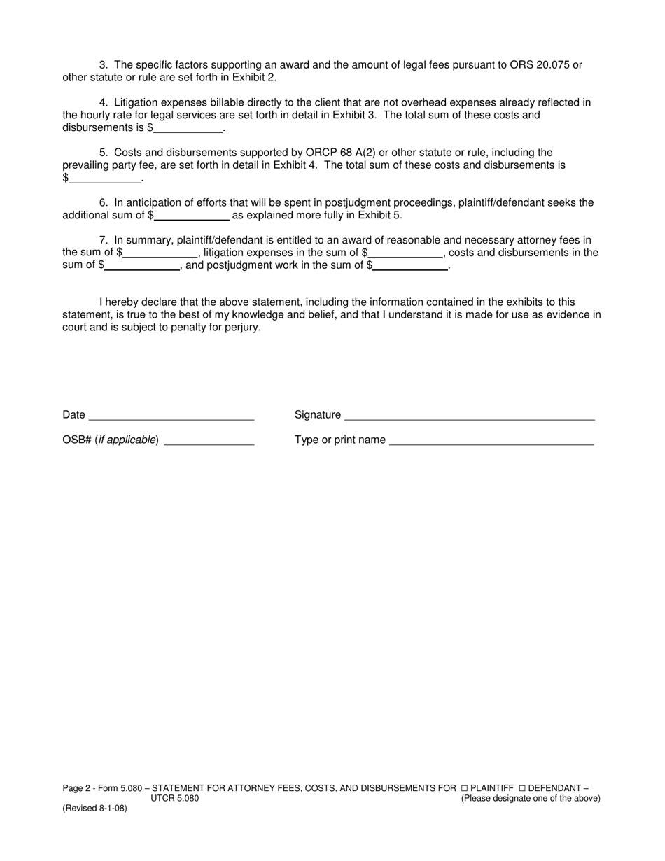 Form 5.080 Statement for Attorney Fees, Costs, and Disbursements for Plaintiff / Defendant - Oregon, Page 2