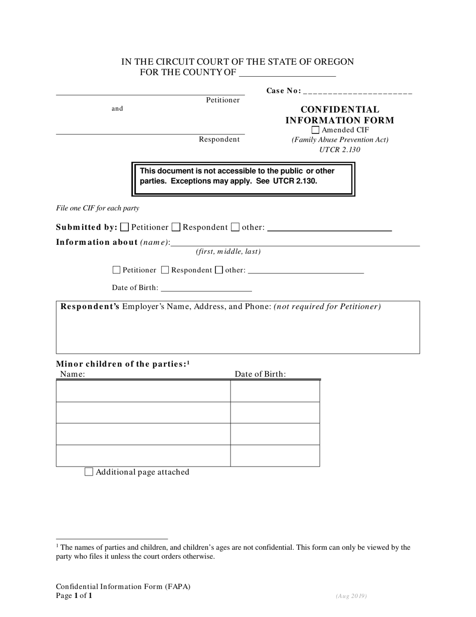 Confidential Information Form (Cif) - Oregon, Page 1