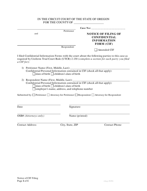 Notice of Filing of Confidential Information Form (Cif) - Oregon Download Pdf