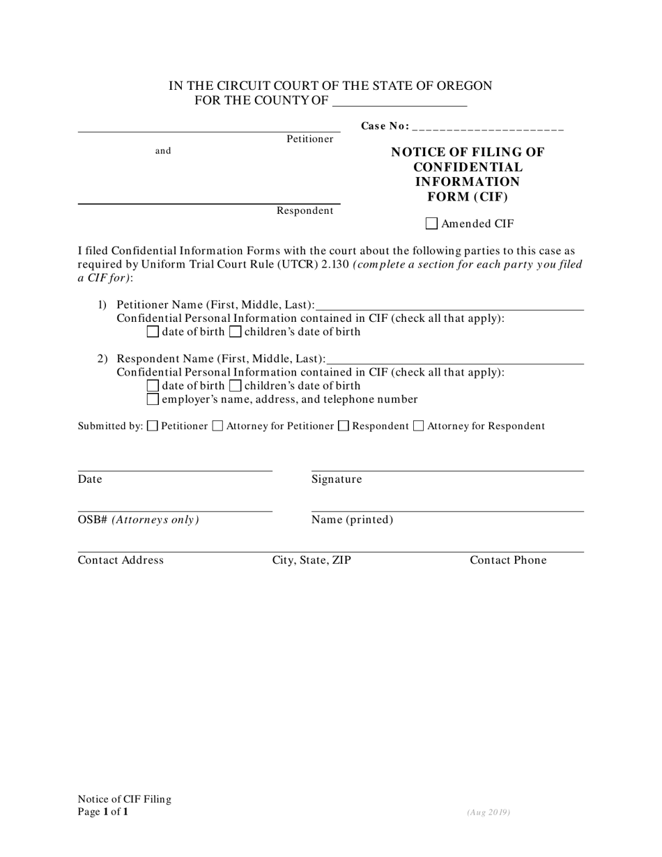 Notice of Filing of Confidential Information Form (Cif) - Oregon, Page 1