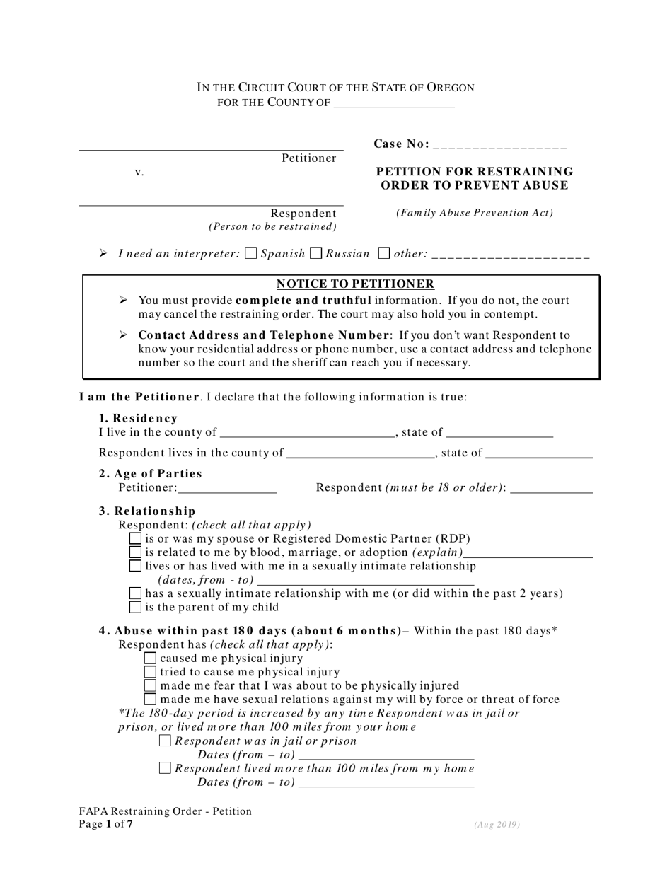 Petition for Restraining Order to Prevent Abuse - Family Abuse Prevention Act - Oregon, Page 1