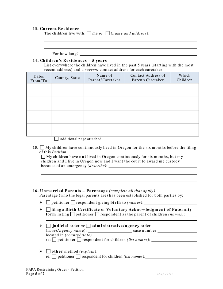 Petition for Restraining Order to Prevent Abuse - Family Abuse Prevention Act - Oregon, Page 5